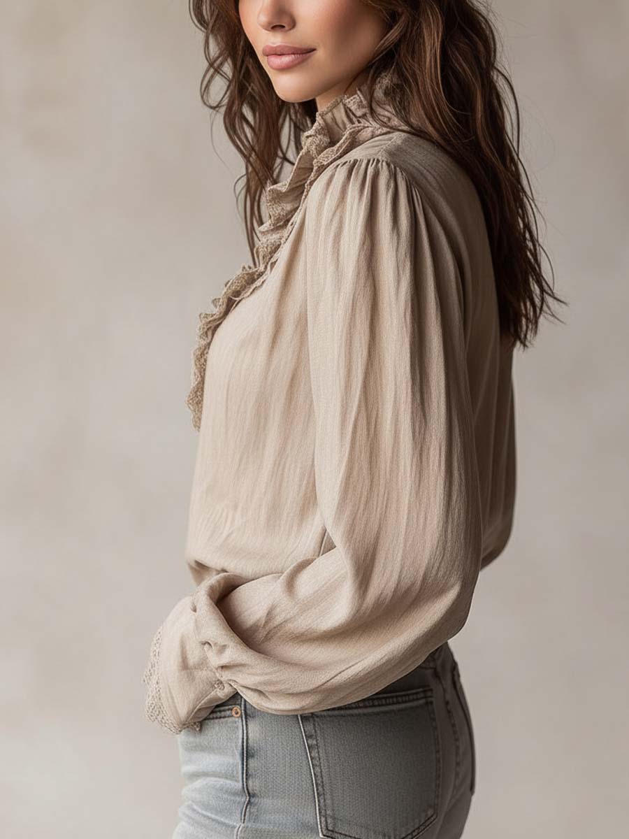 Vintage Ruffled Lace Trim Zip Blouse