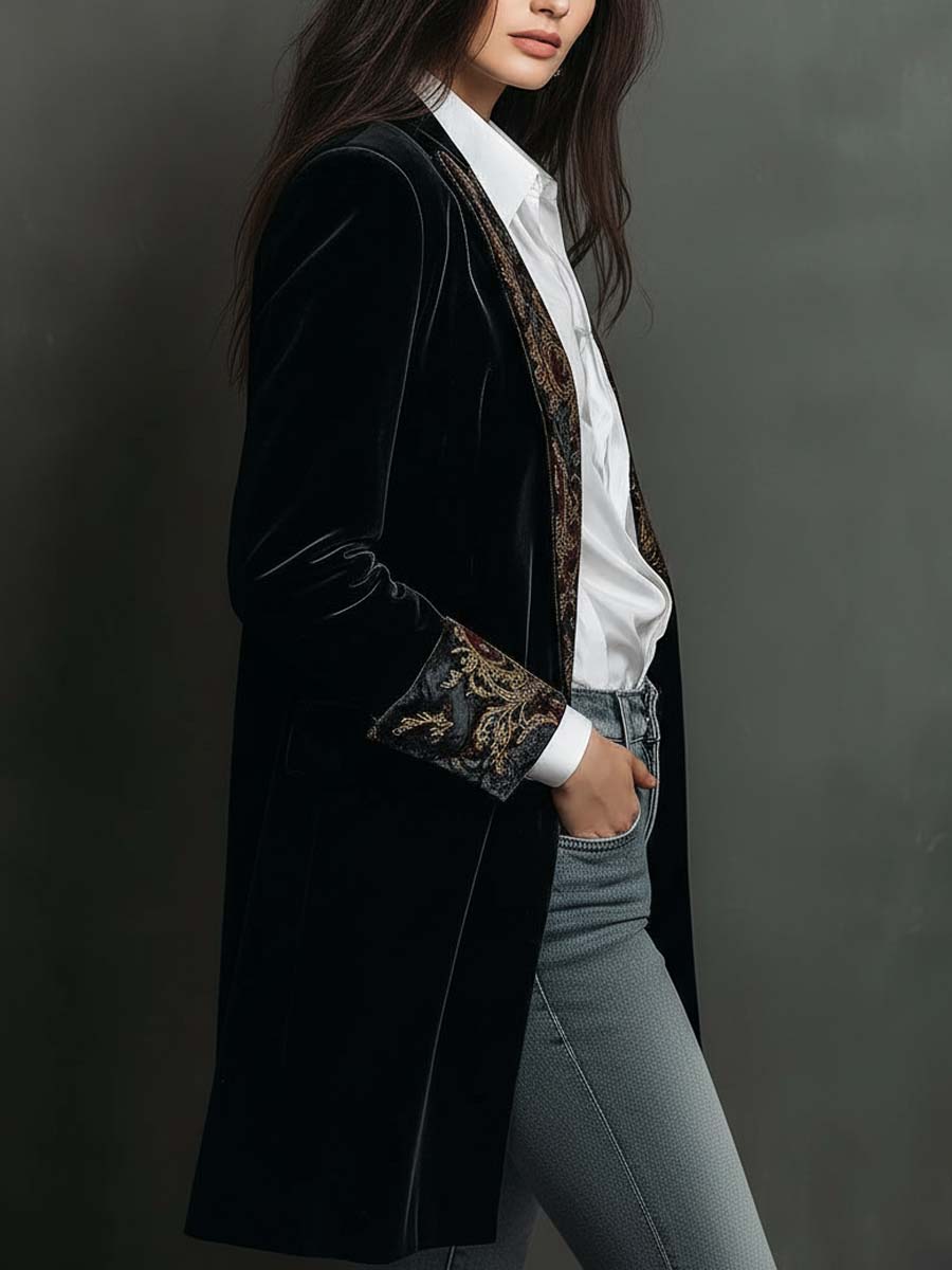 Baroque Embroidered Lapel Velvet Longline Blazer 3