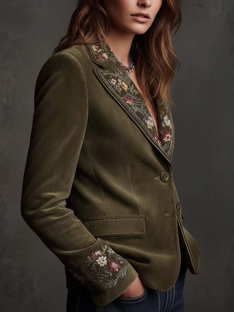 Floral Embroidered Peak Lapel Velvet Blazer 2