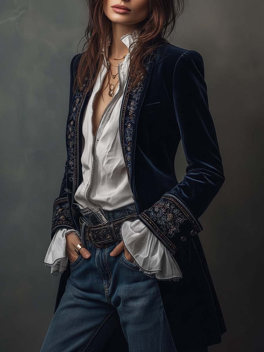Embroidered Velvet Stand Collar Longline Jacket 3