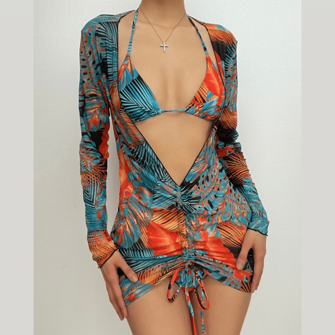 Mesh drawstring contrast print long sleeve halter 3 piece swimwear