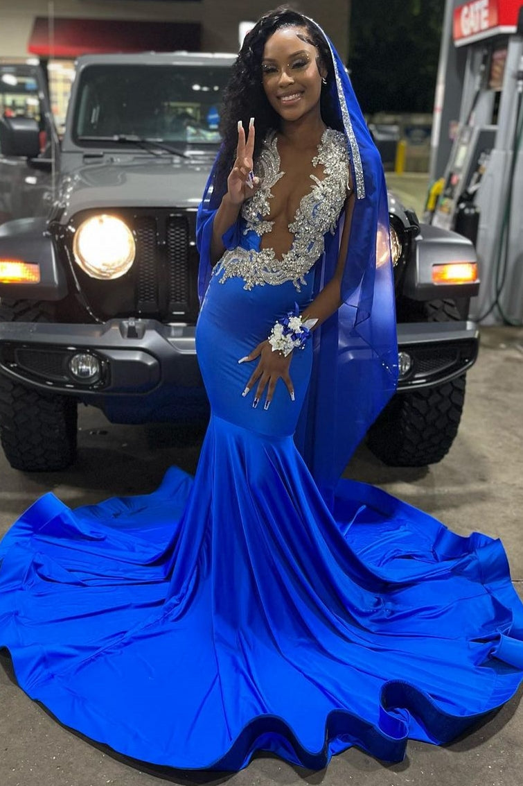 Beautiful Royal Blue Deep V-neck Mermaid Long Prom Party Dresses With Court Train - Fashionpara