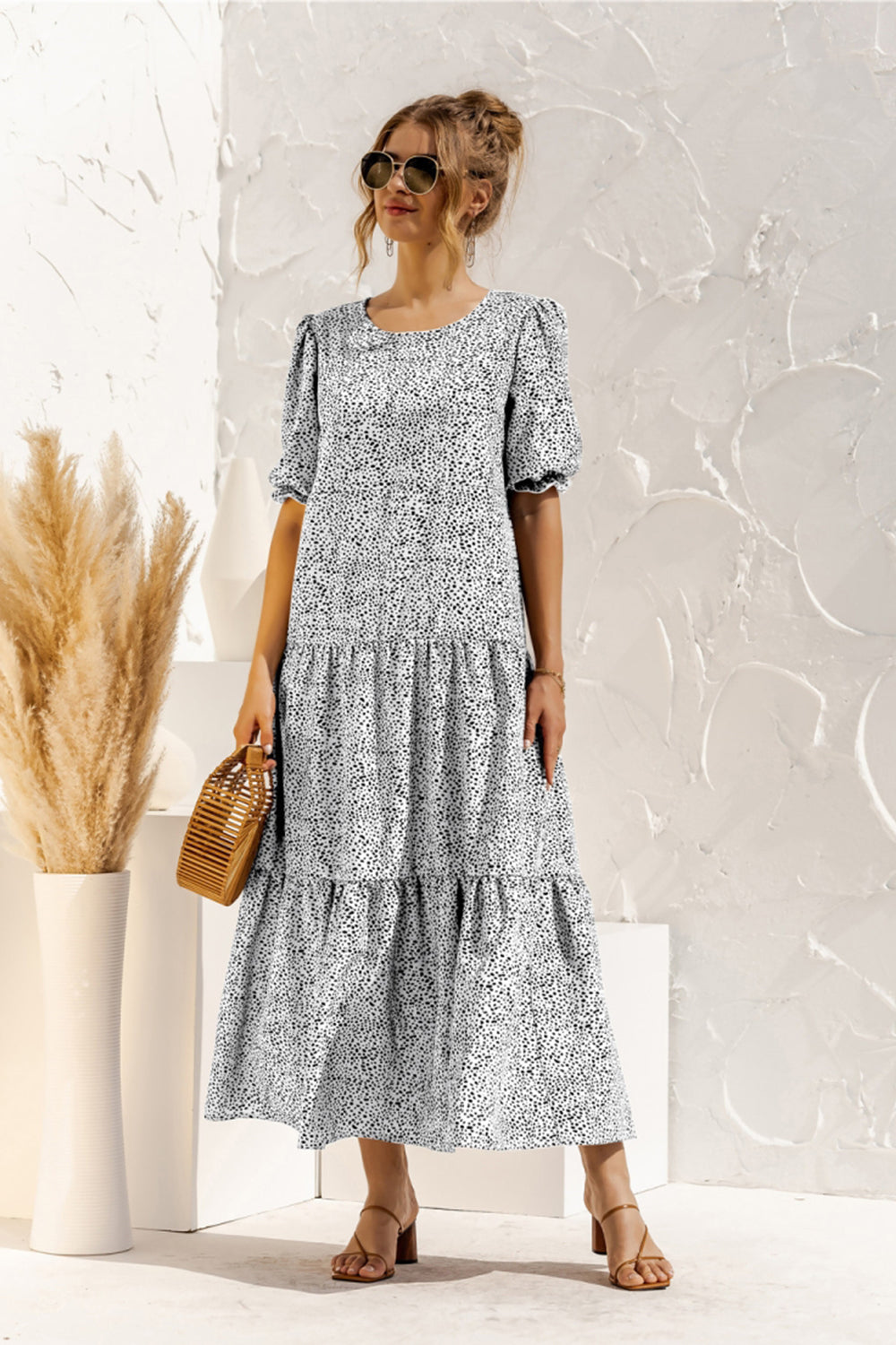 Puff Sleeve Polka Dot Plaid Patchwork Long Dress - Fashionpara