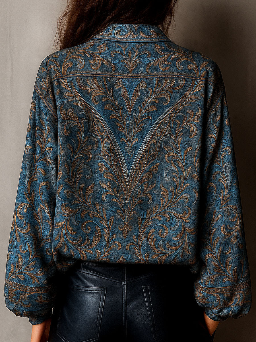Retro Blue Bronze Baroque Paisley Print Loose Blouse - Fashionpara
