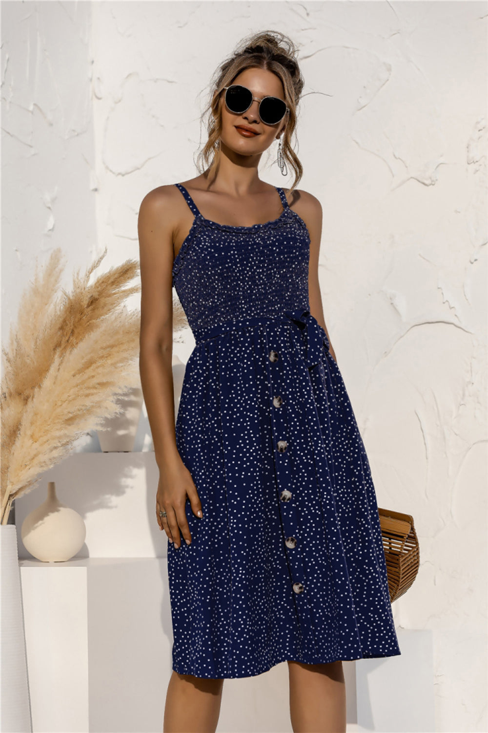 Floral Polka-Dot Button-Breasted Dress