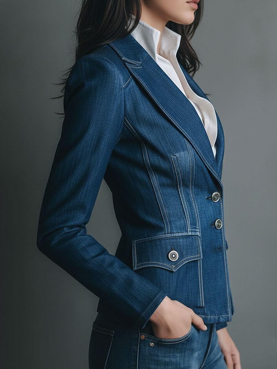 Denim Look Notch Lapel Fitted Button Front Blazer 4