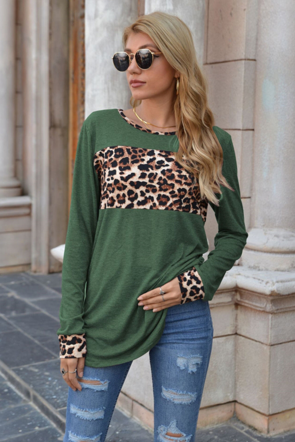 Leopard Print Stitching Round Neck Long Sleeve T-shirt