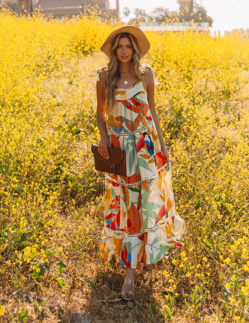 Tropical Print Square Neck Sleeveless Tiered Maxi Dress