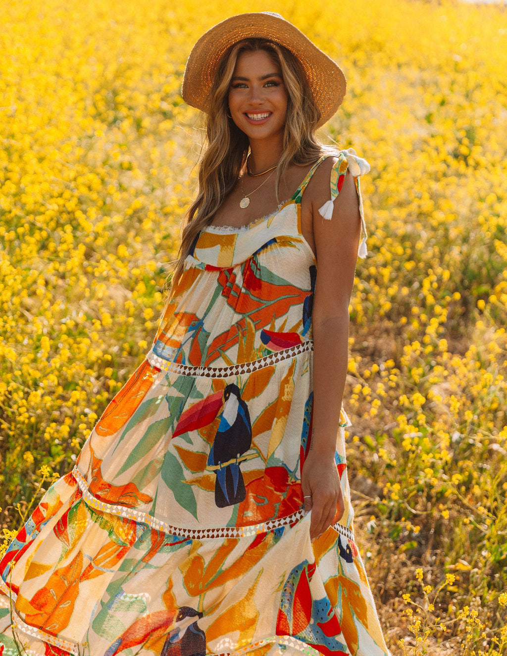 Tropical Print Square Neck Sleeveless Tiered Maxi Dress