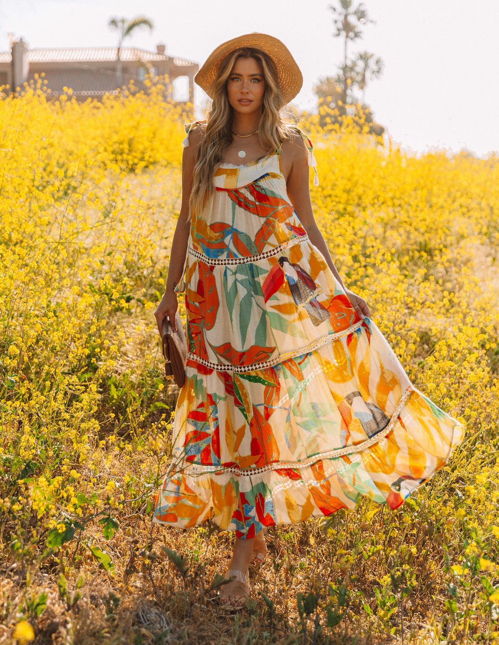 Tropical Print Square Neck Sleeveless Tiered Maxi Dress