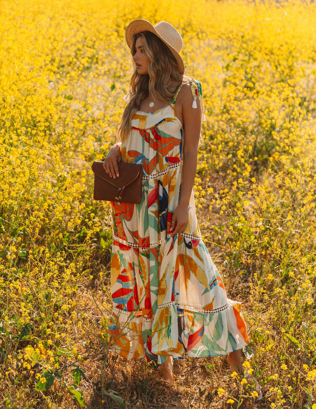 Tropical Print Square Neck Sleeveless Tiered Maxi Dress
