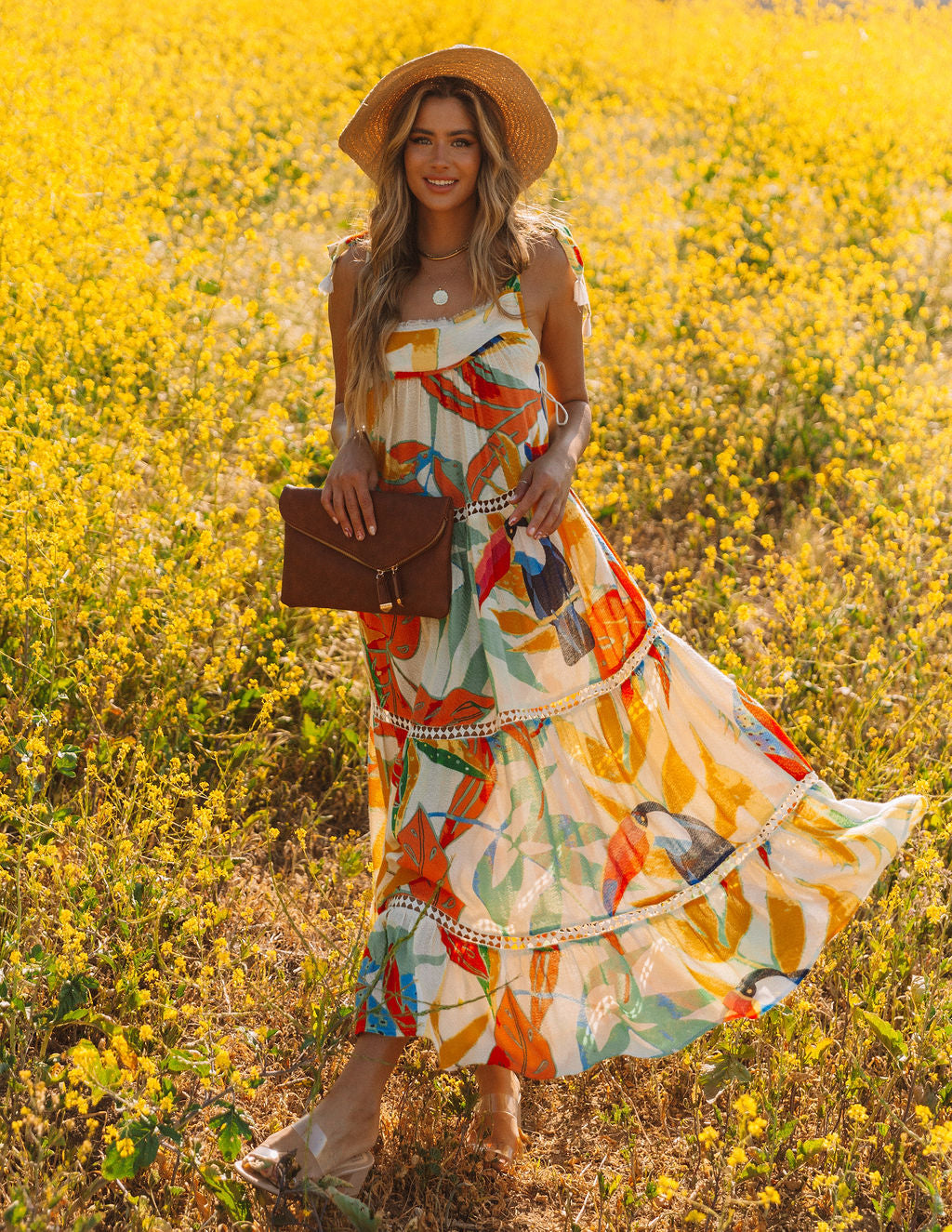 Tropical Print Square Neck Sleeveless Tiered Maxi Dress
