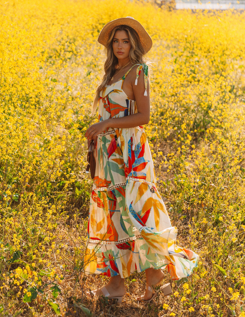 Tropical Print Square Neck Sleeveless Tiered Maxi Dress