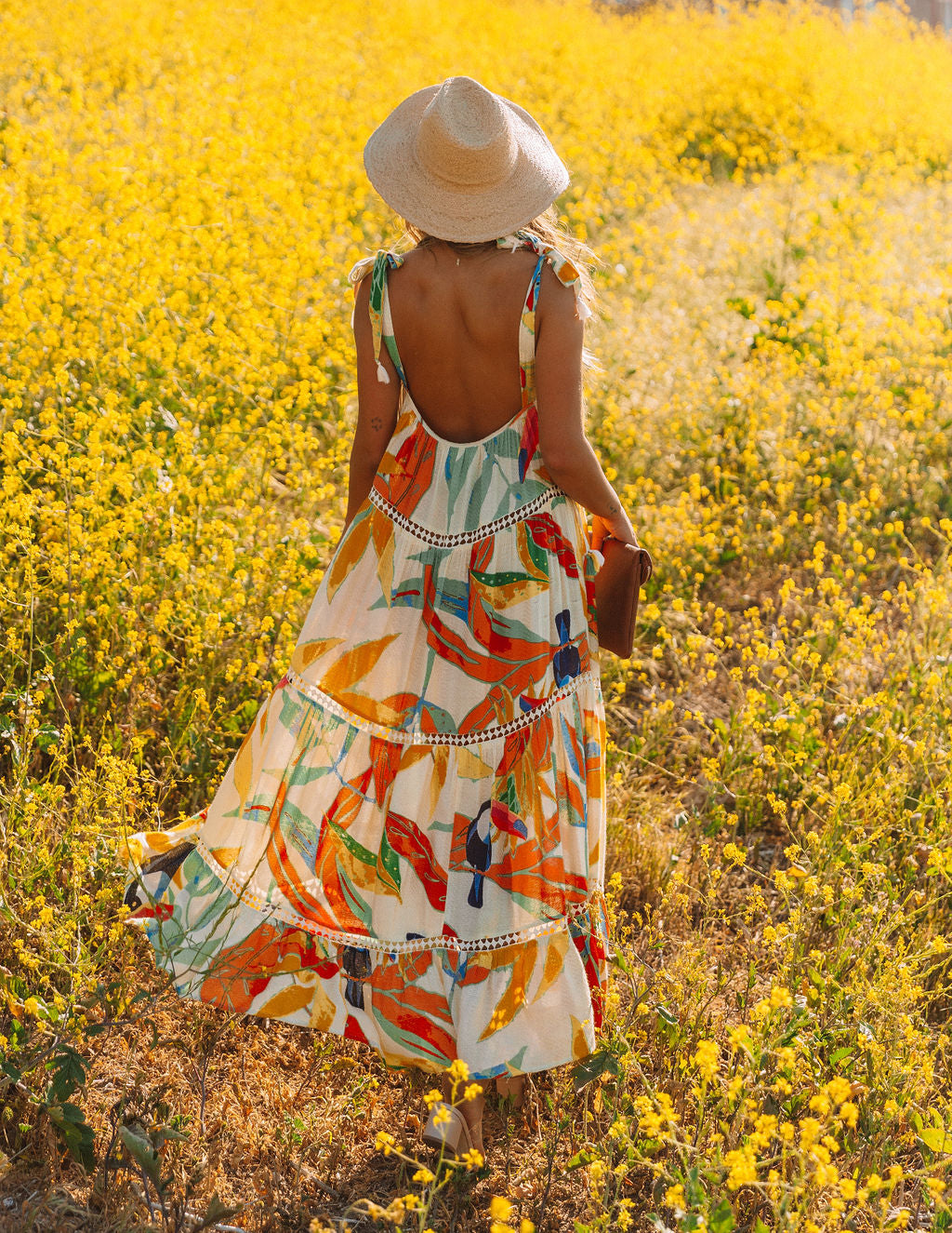 Tropical Print Square Neck Sleeveless Tiered Maxi Dress