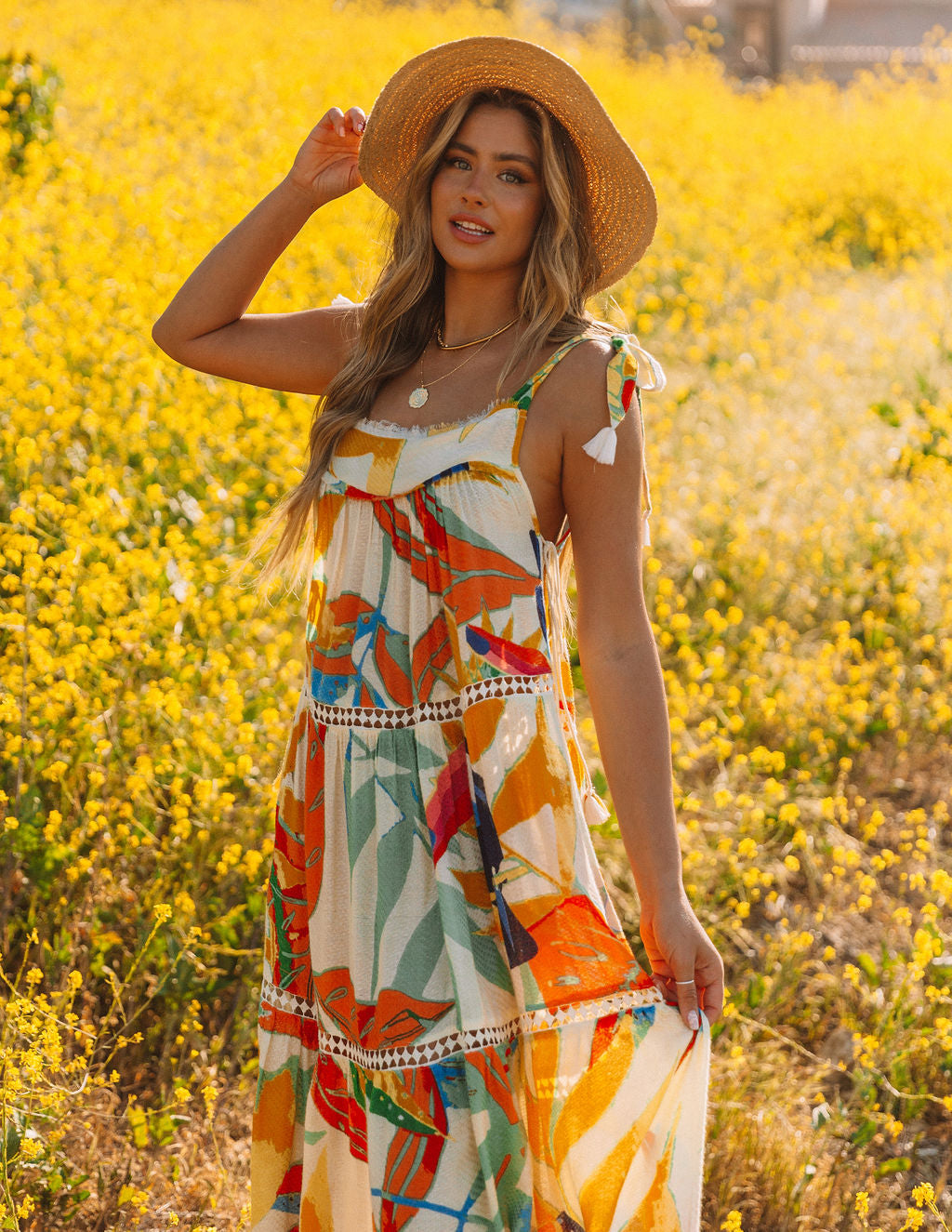 Tropical Print Square Neck Sleeveless Tiered Maxi Dress