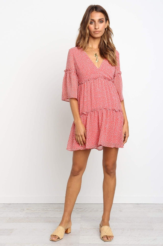 V-Neck Polka Dot Boho Mini Dress
