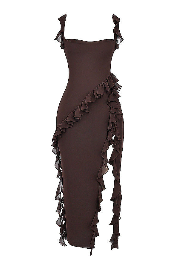 Square Neck Ruffle Strap High Split Asymmetrical Cascade Maxi Dress 34