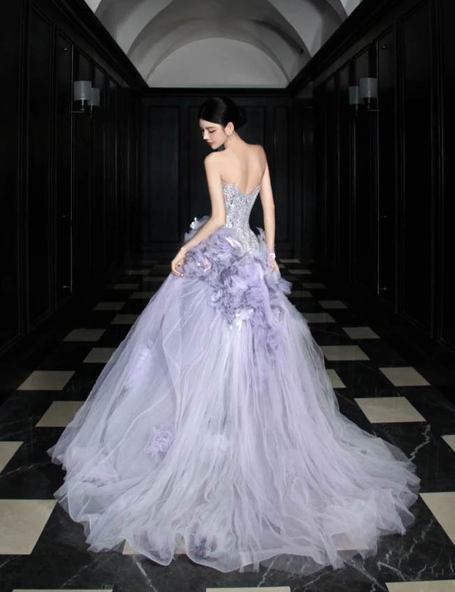 Dreamy Purple Strapless 3D Floral Tulle Train Ball Gown Evening Dress P4100