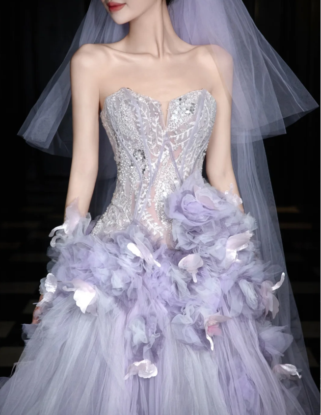 Dreamy Purple Strapless 3D Floral Tulle Train Ball Gown Evening Dress P4100