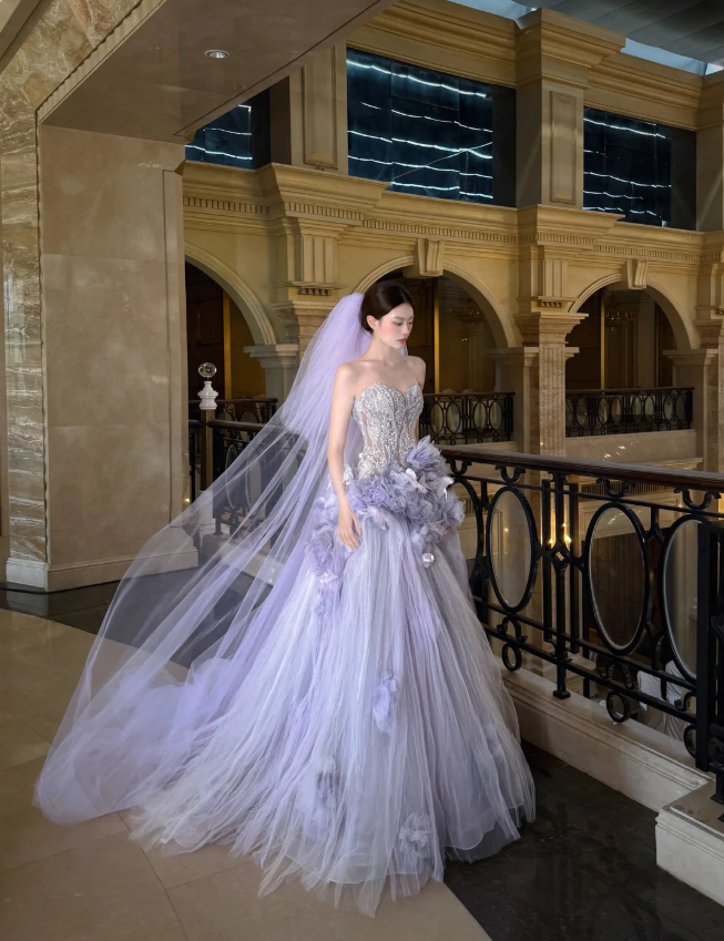 Dreamy Purple Strapless 3D Floral Tulle Train Ball Gown Evening Dress P4100