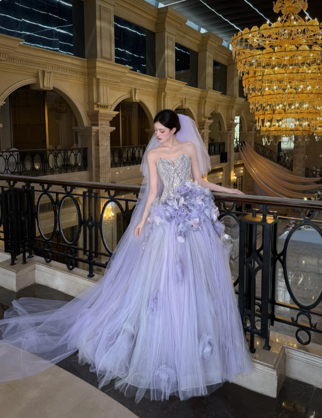 Dreamy Purple Strapless 3D Floral Tulle Train Ball Gown Evening Dress P4100