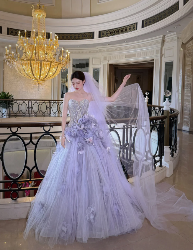 Dreamy Purple Strapless 3D Floral Tulle Train Ball Gown Evening Dress P4100