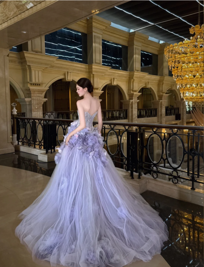 Dreamy Purple Strapless 3D Floral Tulle Train Ball Gown Evening Dress P4100