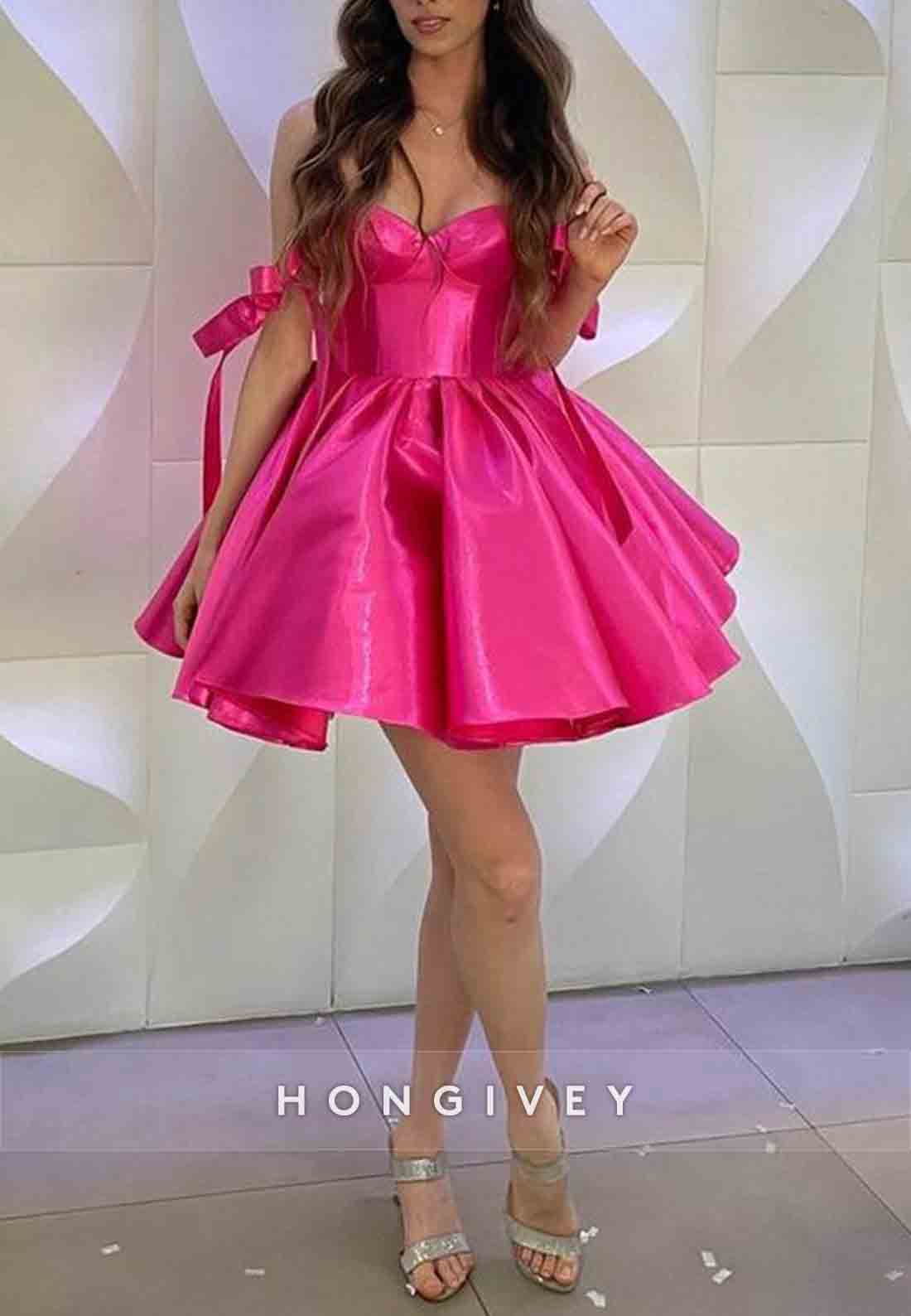 Ball Gown Fuchsia Bowknot Satin Party Off the Shoulder Short Homecoming Dresses