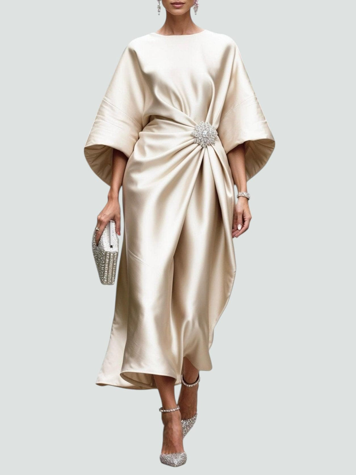 Boat Neck Batwing Sleeve Brooch Waist Satin Midi Dress 2