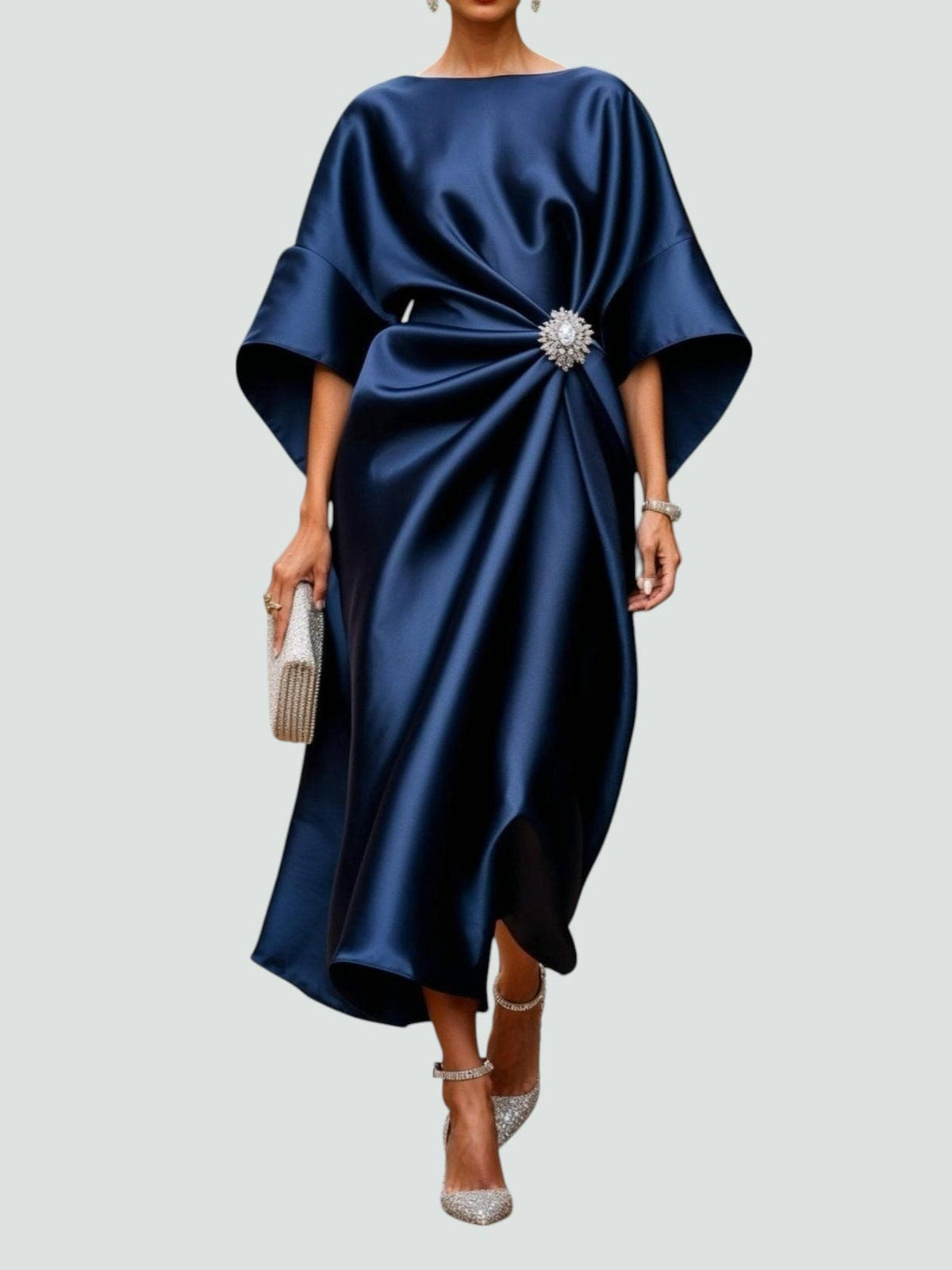 Boat Neck Batwing Sleeve Brooch Waist Satin Midi Dress
