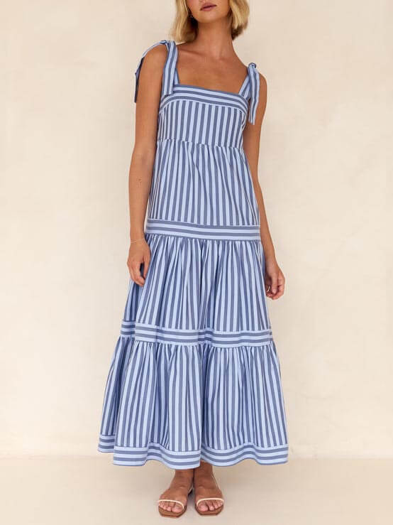 Lace-Up Striped Square-Neck Midi Dress - Fashionpara