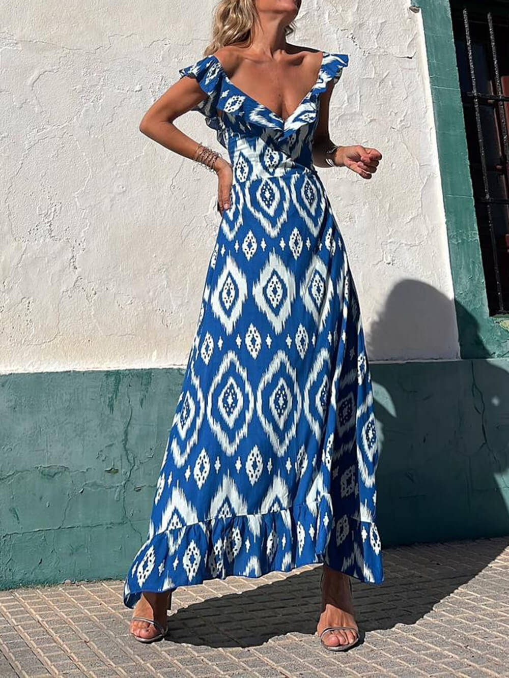 Ethnic Print Smocked Bust Ruffle Neck Maxi Dress - Fashionpara