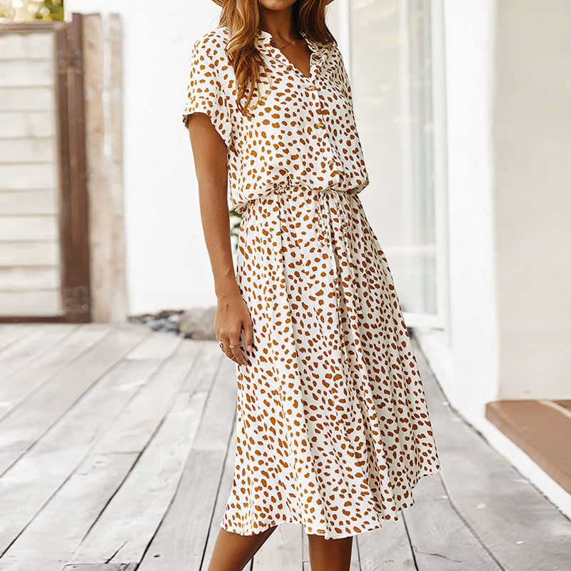 Leopard Print V-Neck Collared Button Down Drawstring Waist Midi Dress