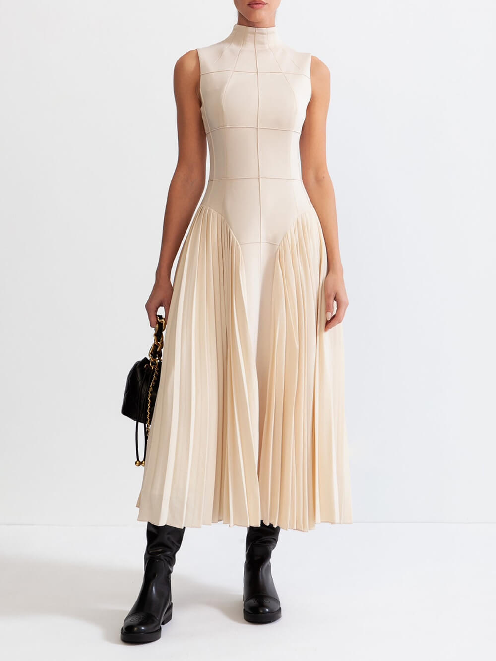 Unique Pleated Paneled Sleeveless Midi Dress - Fashionpara
