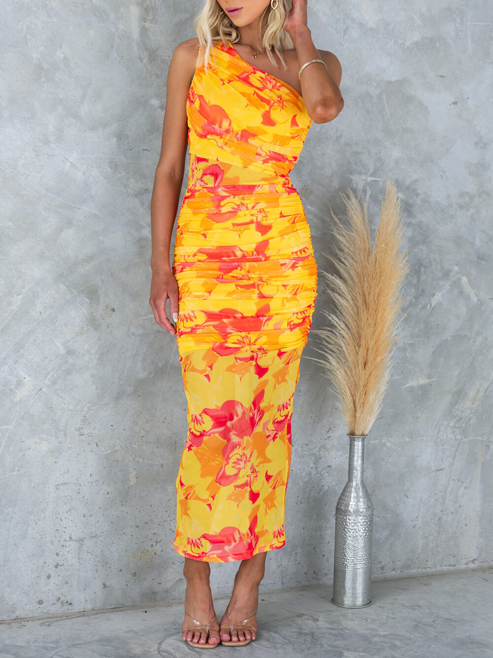 Floral Print One Shoulder Ruched Bodycon Maxi Dress
