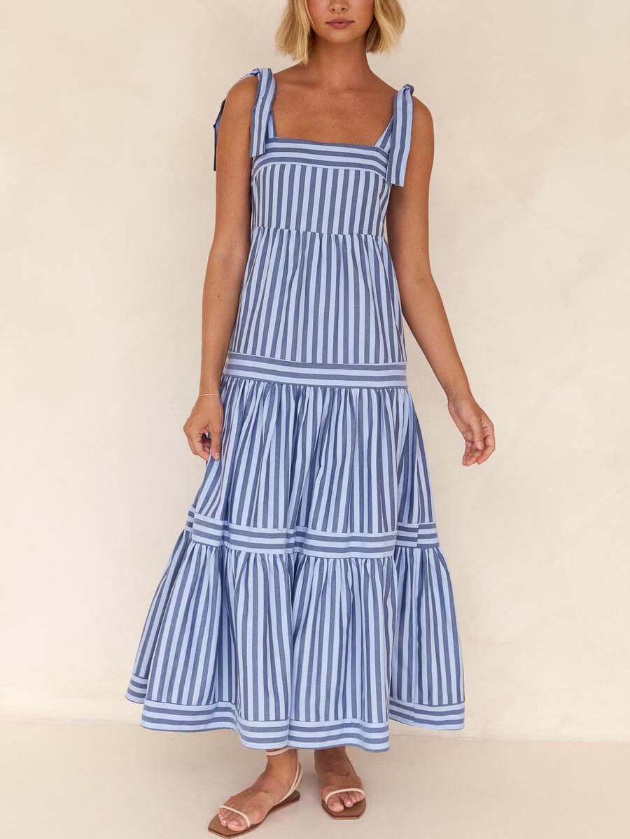 Lace-Up Striped Square-Neck Midi Dress - Fashionpara