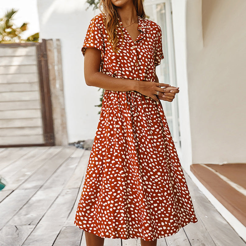 Leopard Print V-Neck Collared Button Down Drawstring Waist Midi Dress - View 2
