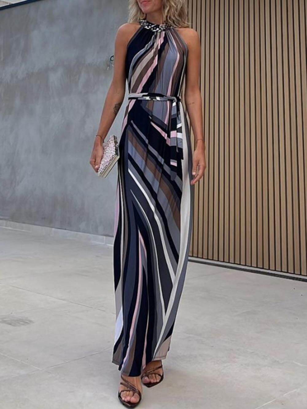 Casual Loose Halterneck Striped Gradient Print Maxi Dress - Fashionpara