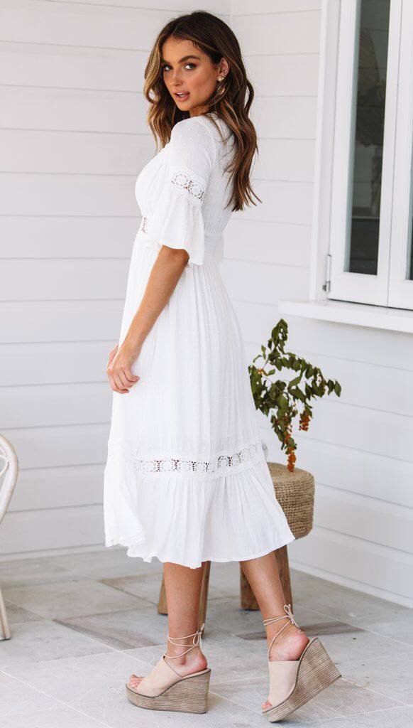 White V Neck Ruffle Hem Lace Dress - View 2