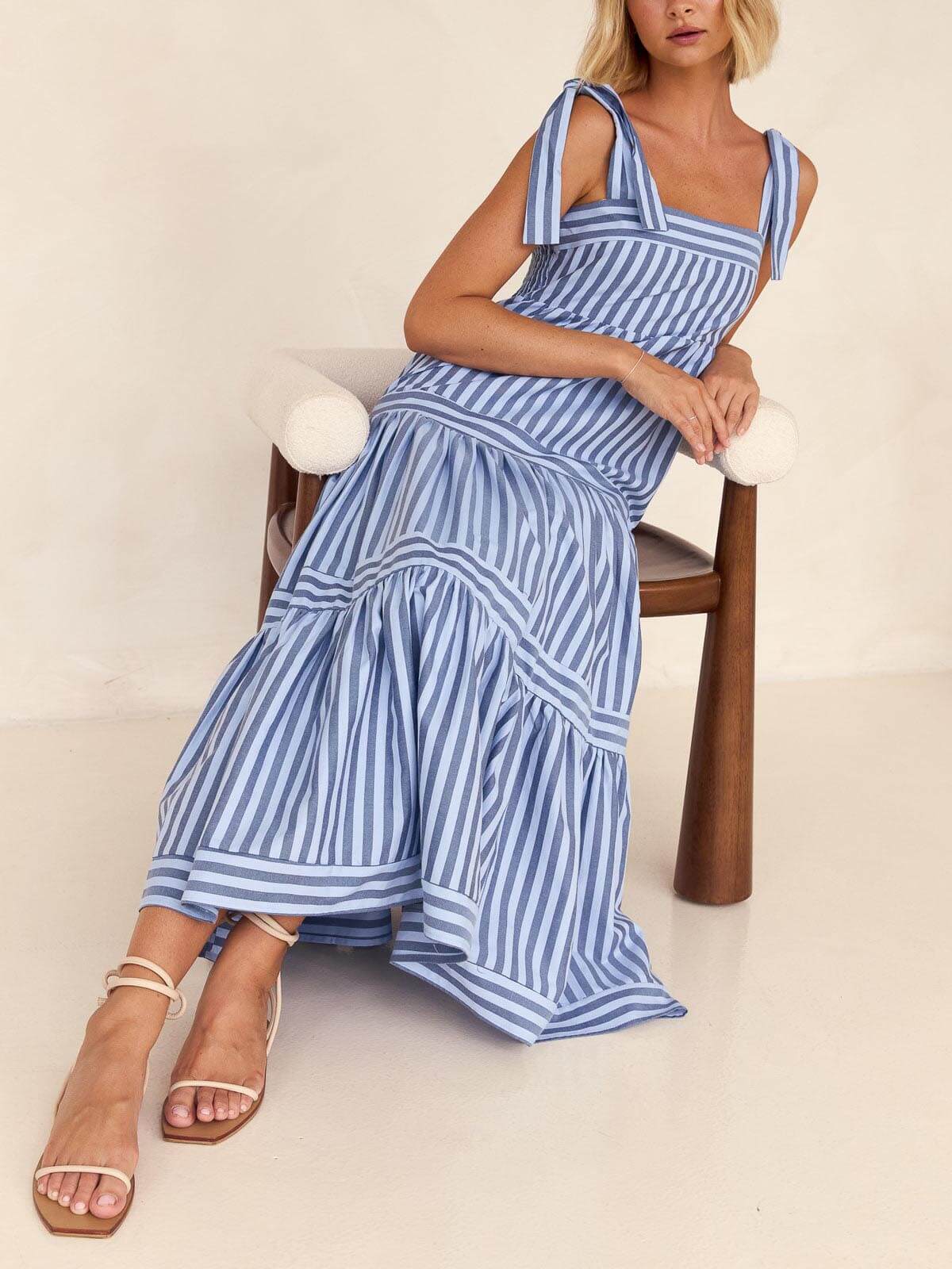Lace-Up Striped Square-Neck Midi Dress - Fashionpara