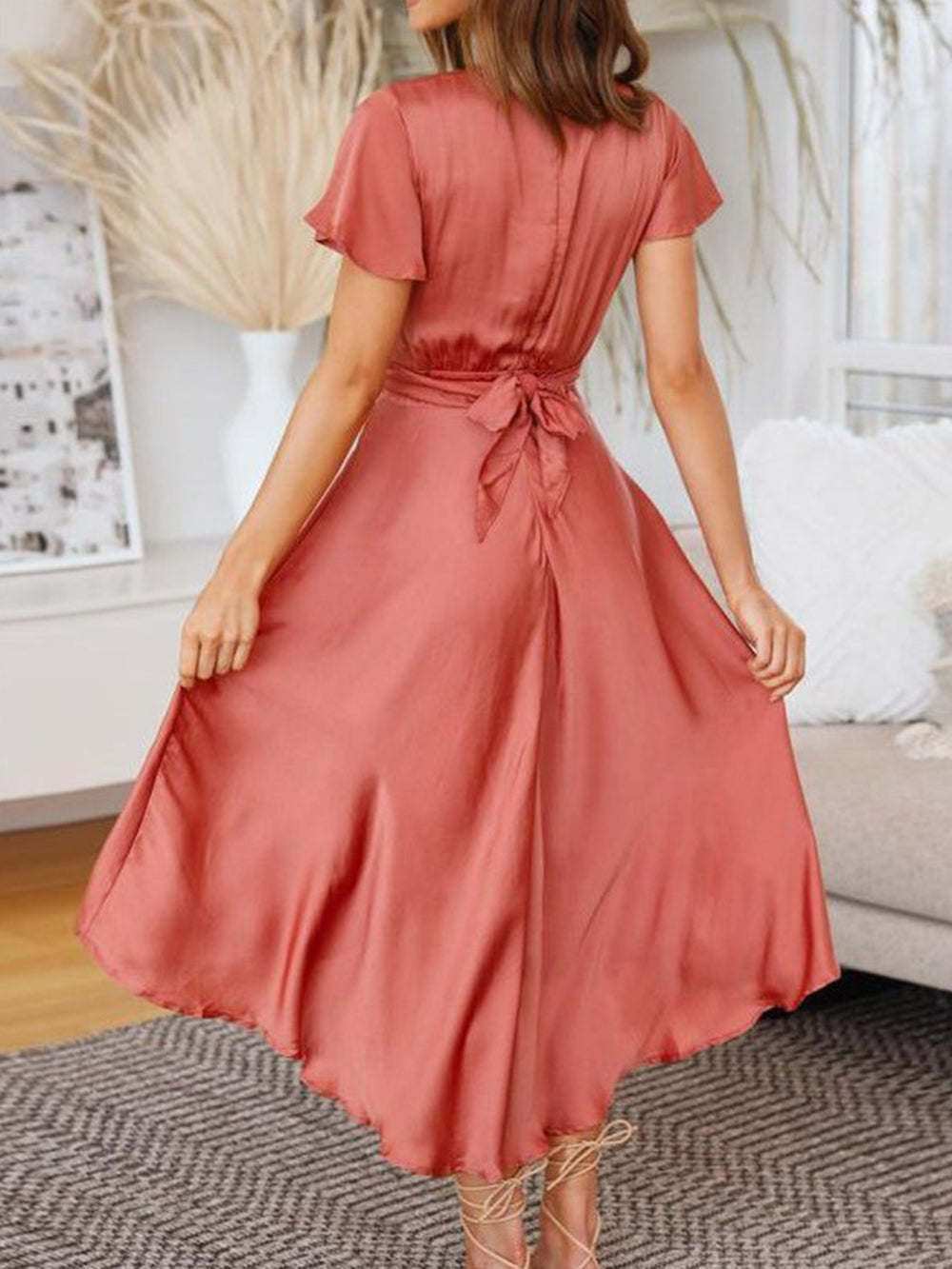 Sage Satin Maxi Wrap Dress: Twist Front Cutout - View 2