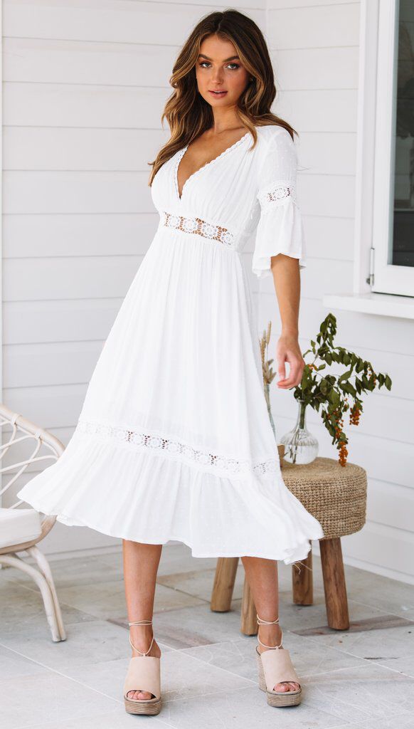 White V Neck Ruffle Hem Lace Dress - View 3
