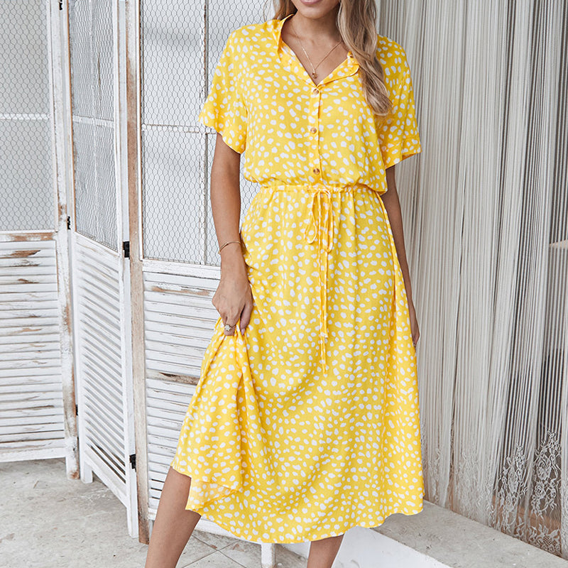 Leopard Print V-Neck Collared Button Down Drawstring Waist Midi Dress - View 3