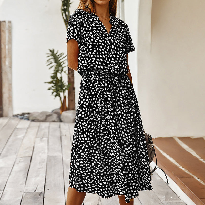 Leopard Print V-Neck Collared Button Down Drawstring Waist Midi Dress - View 4