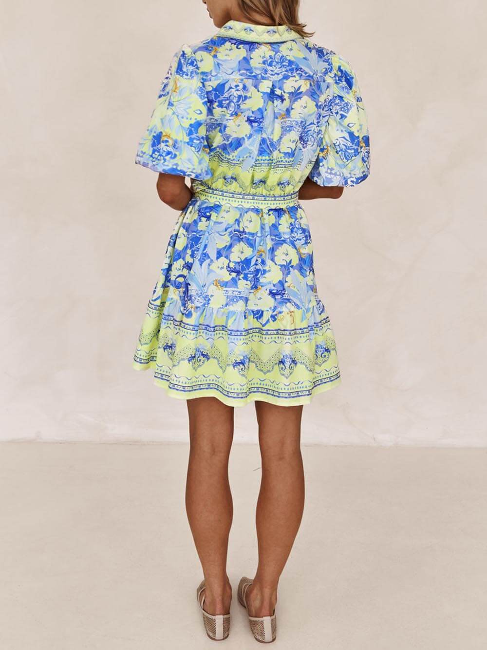 Blue And Yellow Floral Print Mini Dress - Fashionpara
