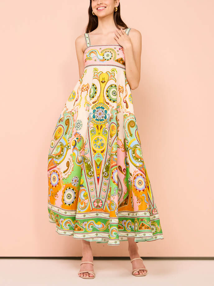 Paisley Print Square Neck Empire Waist Tiered Maxi Dress