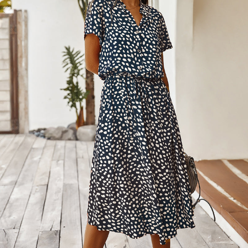 Leopard Print V-Neck Collared Button Down Drawstring Waist Midi Dress - View 5