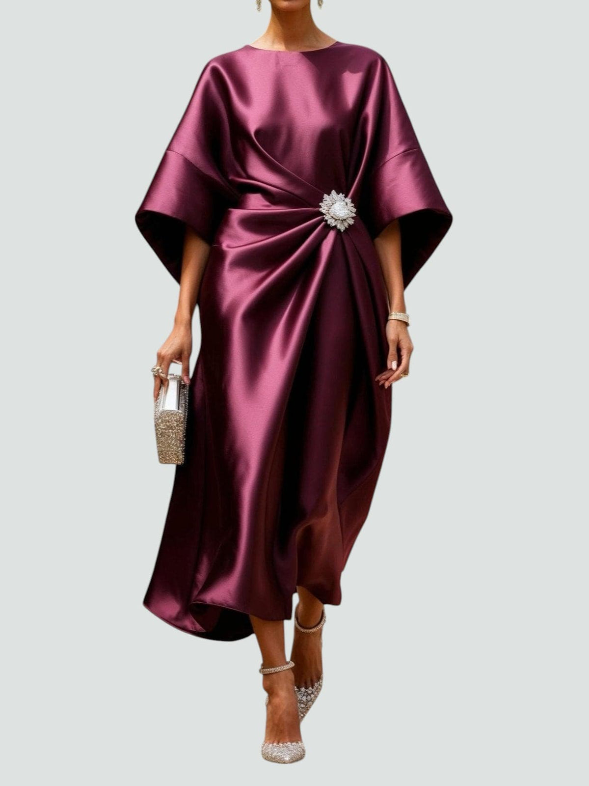 Boat Neck Batwing Sleeve Brooch Waist Satin Midi Dress 4