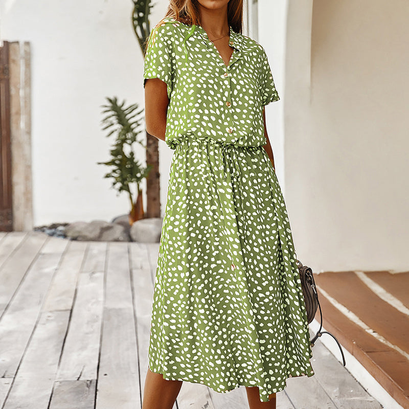 Leopard Print V-Neck Collared Button Down Drawstring Waist Midi Dress - View 6