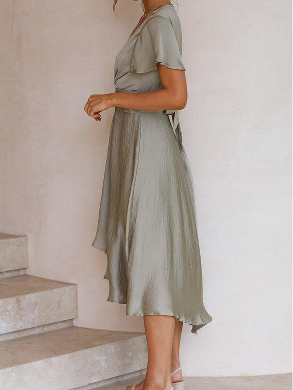 Sage Satin Maxi Wrap Dress: Twist Front Cutout - View 6